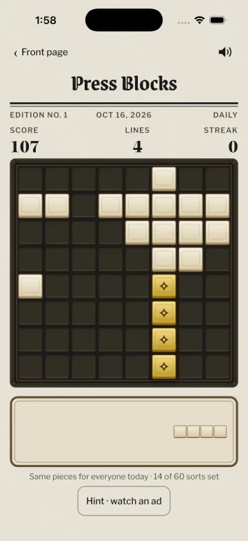 Mid-game in Edition No. 1: a column of gold sorts glows, about to print.
