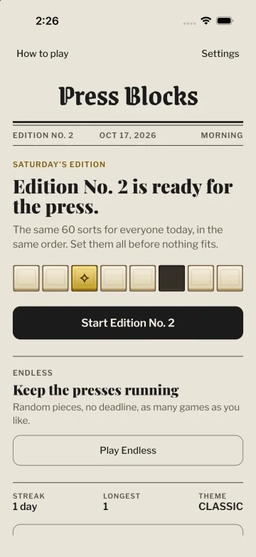 The Press Blocks home screen: Edition No. 2 is ready for the press, with a Start button and Endless mode below.